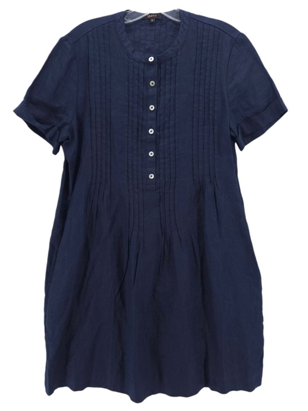 QUINCE 100% European Linen Short Sleeve Swing Dress Pintuck Popover Navy MEDIUM